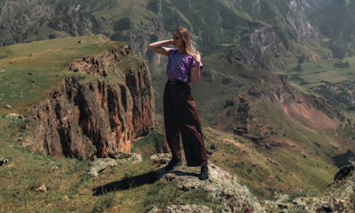 Violet-top-and-brown-pants