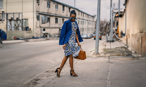 Woman wearing blue printed outfit