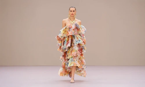 Luna Fanned Midi Dress in Spliced Floral