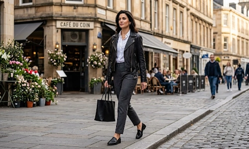 paring black leather jacket with relaxed jeans, white shirts, tailored trousers, satin dress, midi skirt and so on
