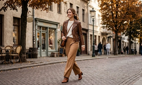 paring brown leather jacket with ivory, chcolate, denim or muted olive