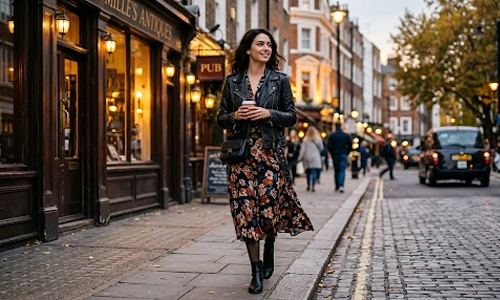 structured leather jacket with a fluid floral dress 
