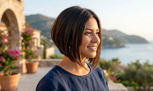 Angled bob with shorter hair for round face