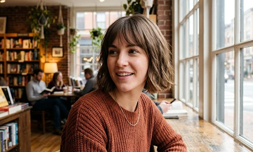 chin-length bob with wispy bangs for heart-shaped face