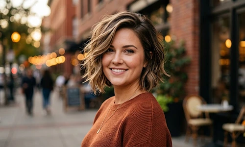 a textured bob with deep side part for round face
