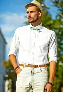 Man wearing a casual shirt with an open collar and summer hat