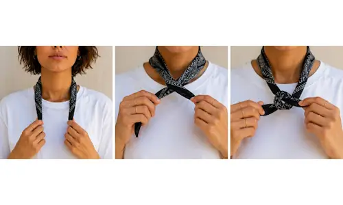 Step-by-step tutorial showing how to tie a bandana around the neck with a simple knot