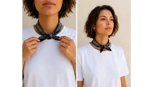 Bandana worn as a relaxed kerchief with a white shirt