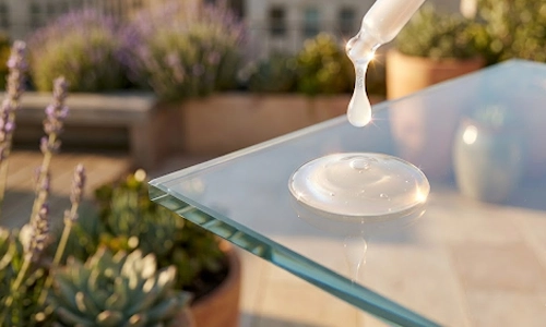 Lightweight sunscreen serum being dispensed onto a glass surface to showcase its smooth texture