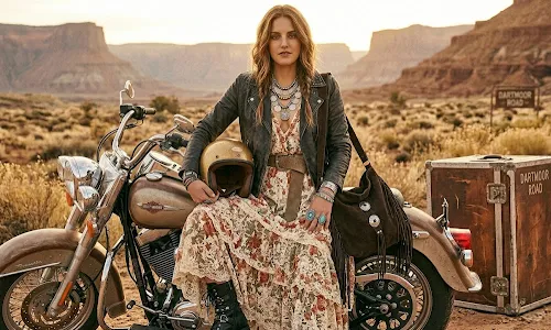 Key moto boho fashion pieces including a leather jacket, bohemian dress, boots, jewelry, and accessories arranged in a flat lay.