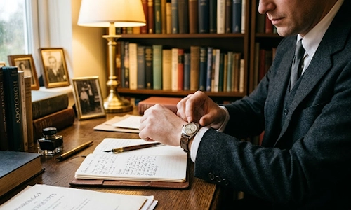Man in a suit checking his wristwatch while sitting at a desk with books and notes