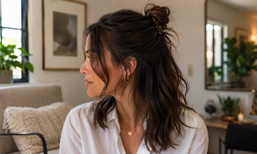 Woman wearing a relaxed half-bun hairstyle with loose, tousled waves