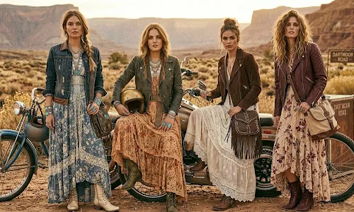 Moto boho fashion featuring earthy colors, leather jackets, and flowing bohemian dresses in a modern western-inspired style.