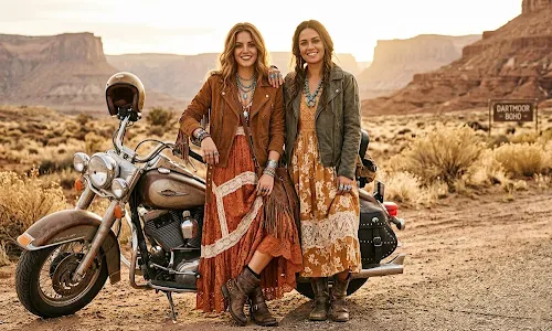 Two women wearing moto boho outfits