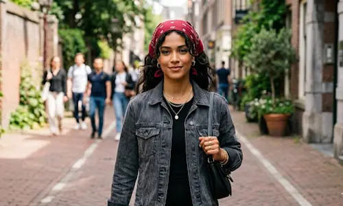 Woman wearing a red bandana walking through a city street