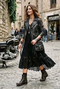 Woman wearing a moto boho outfit featuring a black leather jacket, flowing lace dress, and biker boots on a cobblestone street
