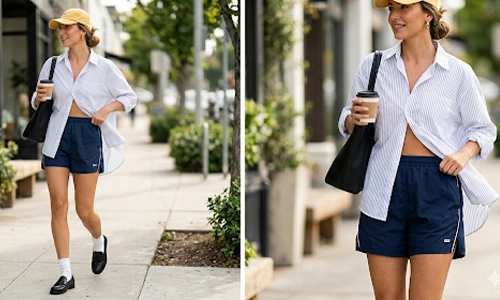 Olivia Wilde styling navy athletic shorts with an oversized striped shirt, loafers, and a baseball cap