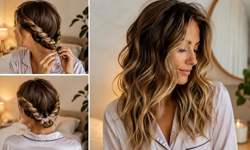 Woman showing a loose braid and soft overnight waves while wearing satin pajamas