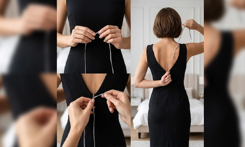 Ribbon attached to a dress zipper to help zip it without assistance