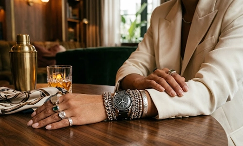 Woman wearing a statement wristwatch with stacked bracelets and rings at a table