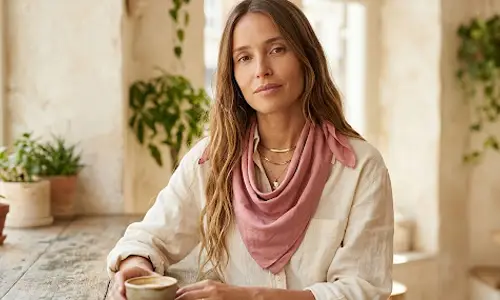 Woman styling a bandana as a neck scarf