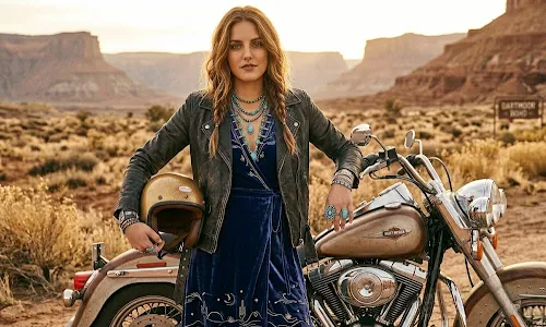 Women embracing the moto boho fashion trend with leather jackets and flowing bohemian dresses in a modern street style setting.