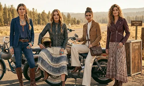 Moto boho fashion trend combining biker-inspired leather pieces with bohemian dresses for a timeless and versatile look.