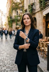 Woman wearing a watch in left hand navy blazer and striped shirt on a cobblestone city street