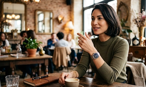 Woman wearing a wristwatch while sitting at a café table with a cup of coffee