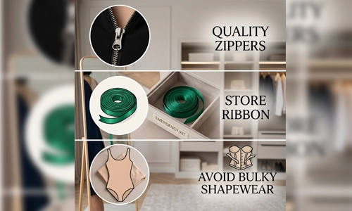 Infographic with tips for zipping up a dress alone, including quality zippers, ribbon, and avoiding bulky shapewear