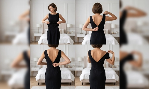 Woman using different methods to zip up a black back-zip dress by herself