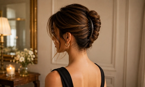 model wearing a low French twist with a horizontal medium-sized banana clip