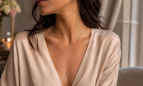 Model elegantly wearing a lariat necklace with pendant