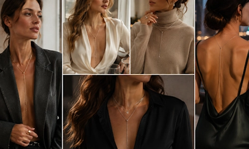 models pairing a lariat necklace with different outfits