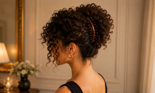 model showing her curls and coils using a wide-toothed banana clip