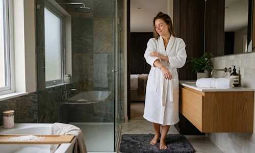 Person wearing a plush bathrobe after a shower for warmth and comfort
