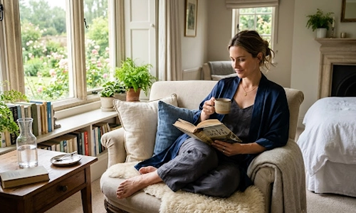 Person relaxing in a silk bathrobe while enjoying coffee at home