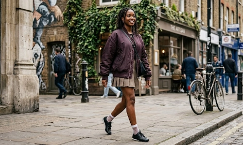 Street style outfit featuring black leather lace-up sneakerinas worn over white socks with a pleated mini skirt.