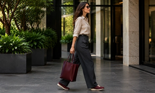 Professional office outfit featuring deep bordeaux suede sneakerinas and charcoal wide-leg trousers