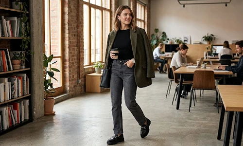  Casual office outfit inspired by grunge style with tailored layers and chunky loafers 