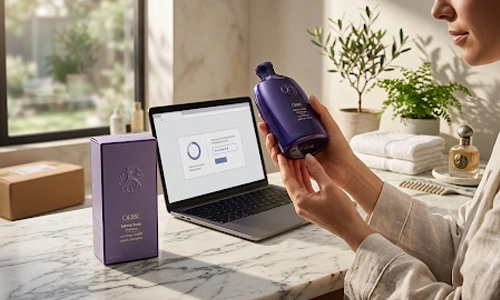 Person checking a shampoo bottle label for product information.