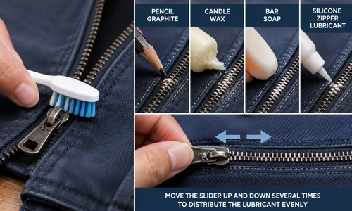 Soft toothbrush cleaning dirt from zipper teeth.