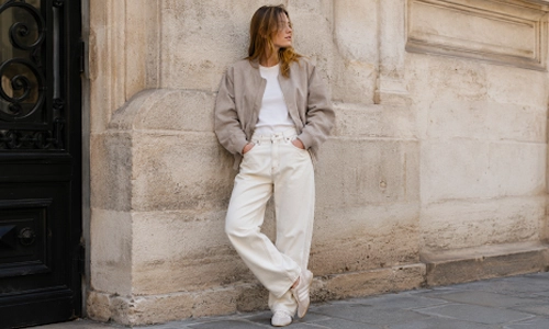 Casual weekend fashion featuring cream crochet mesh sneakerinas paired with slouchy ecru denim jeans