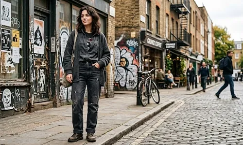 Straight-leg distressed denim styled for a modern grunge look 