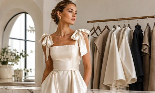 Tie strap dress in structured satin with a clean silhouette