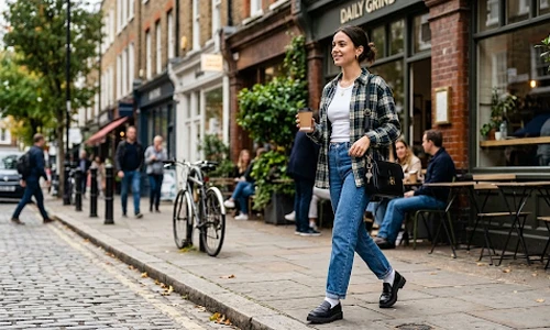 Everyday grunge outfit with plaid shirt, fitted tank, straight-leg jeans, and chunky loafers 
