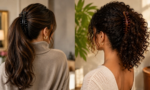 models wearing a banana clip for their thick hair
