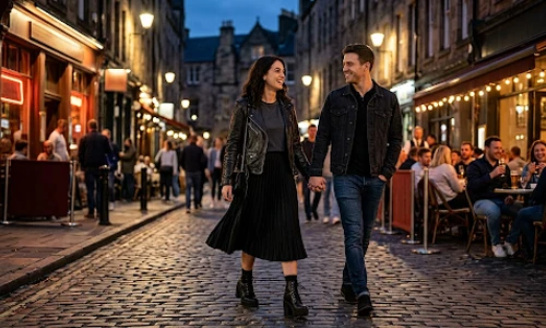 Date night grunge outfit with a vintage band tee, leather jacket, and platform ankle boots 