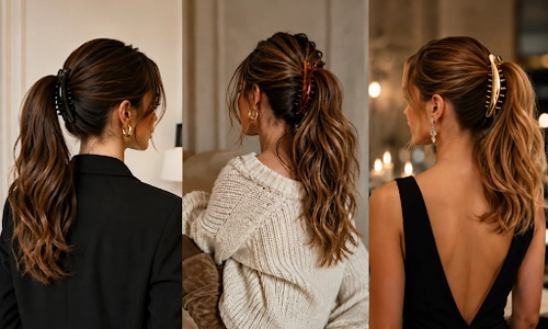 Models showing different hairstyles with banana clips