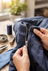 Close-up of a separating zipper on a jacket.
